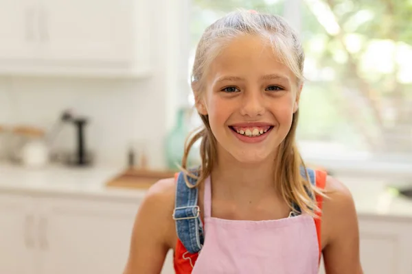 Portrait Smiling Caucasian Girl Wearing Apron Standing Kitchen Staying Home — Stock Photo, Image