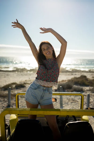 Happy Caucasian Woman Beach Buggy Sea Hands Looking Camera Beach — Stock Photo, Image