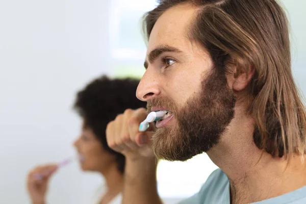 Diverse Couple Standing Bathroom Brushing Teeth Staying Home Isolation Quarantine — Stock Photo, Image