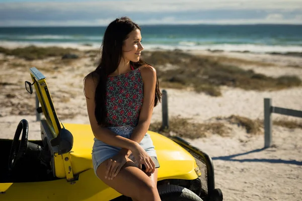 Happy Caucasian Woman Sitting Beach Buggy Sea Looking Sea Beach — Stock Photo, Image