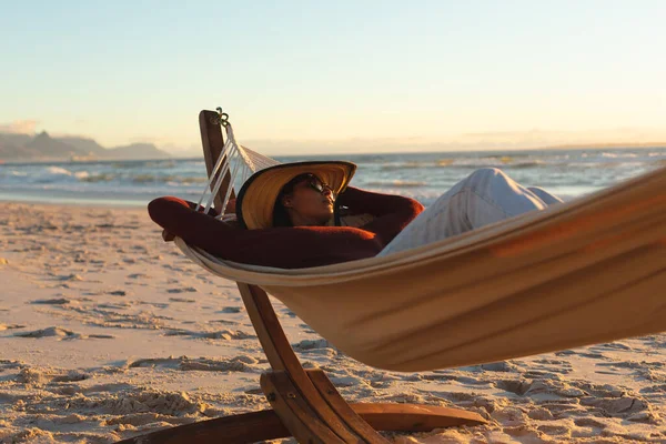Mixed Race Woman Beach Holiday Lying Hammock Healthy Outdoor Leisure — Stock Photo, Image
