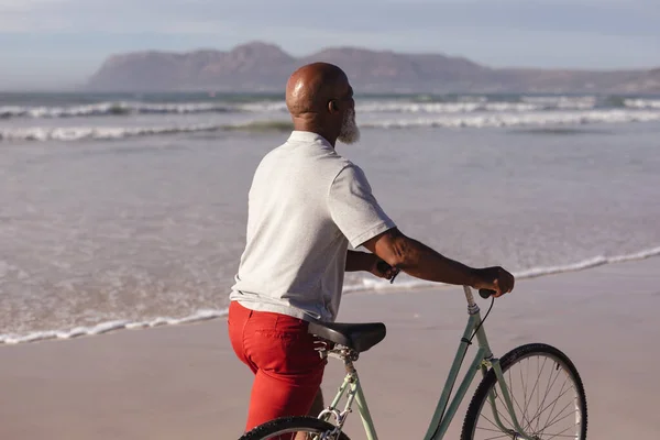 Senior African American Man Bicycle Walking Together Beach Travel Vacation — Stock Photo, Image
