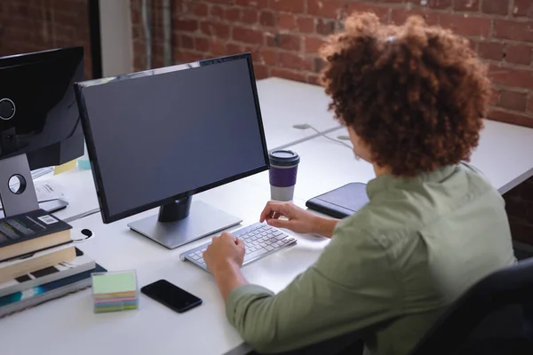 Mixed Race Businessman Sitting Front Blank Computer Screen Working Independent — Stock Photo, Image