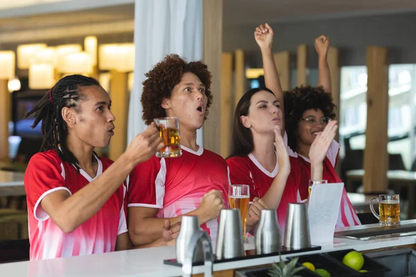 Diverse Group Male Female Sports Fans Raising Glasses Watching Game — Stock Photo, Image