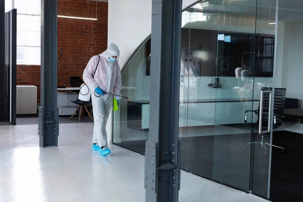 Cleaner Wearing Protective Face Mask Overalls Disinfecting Office Furniture Hygiene — Stock Photo, Image