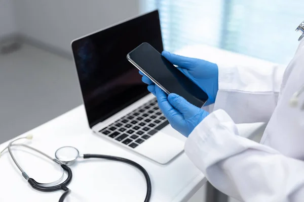 Midsection Doctor Wearing Latex Gloves Using Smartphone Copy Space Screen — Stock Photo, Image