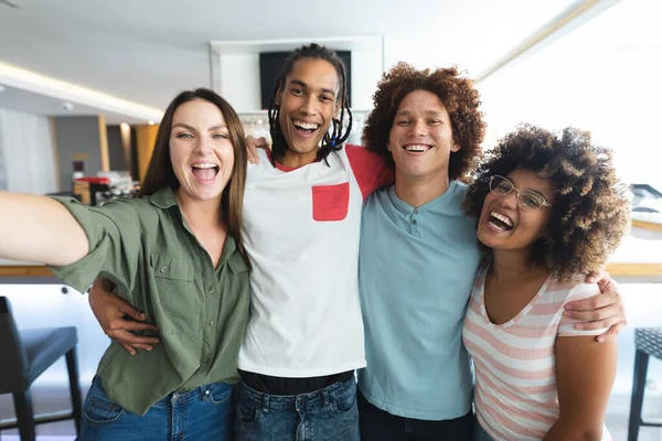 Diverse Group Male Female Friends Taking Selfie Bar Friends Socializing — Φωτογραφία Αρχείου