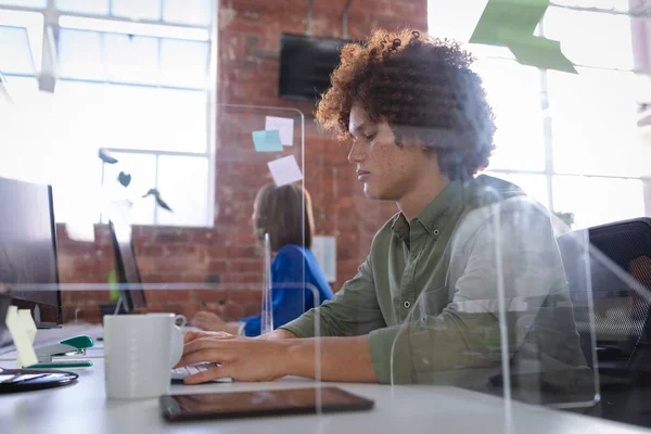 Diverse Male Female Colleagues Sitting Front Computers Separated Sneeze Shields — Stock Photo, Image