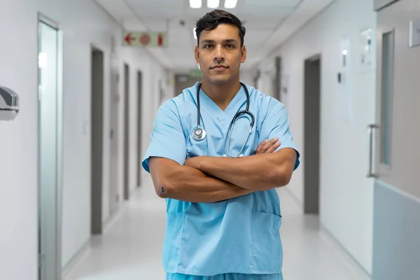 Portrait Mixed Race Male Doctor Smiling Standing Hospital Corridor Medicine — Stock Photo, Image