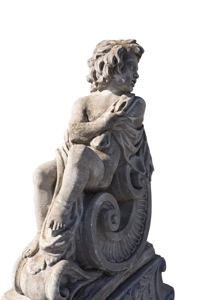 Antiga Escultura Pedra Querubim Envolto Tecido Sobre Fundo Branco Arte — Fotografia de Stock