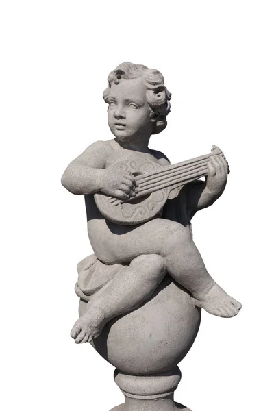 Antiga Escultura Pedra Querubim Tocando Alaúde Fundo Branco Arte Estilo — Fotografia de Stock