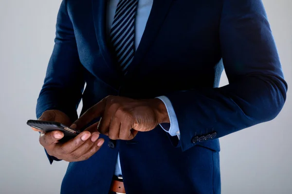 Mid Section African American Businessman Using Smartphone Grey Background Business — Stock Photo, Image