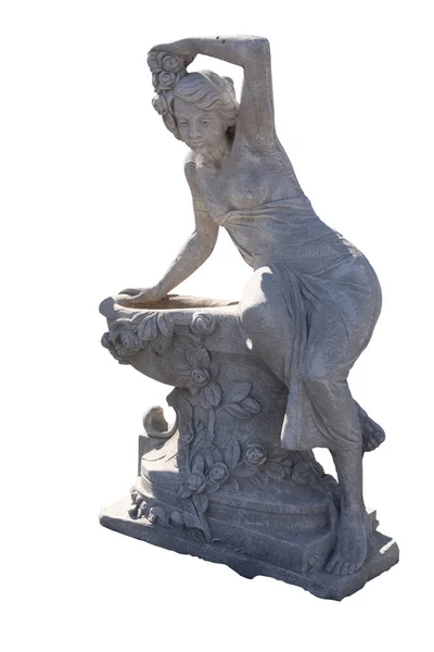 Stenen Sculptuur Van Een Vrouw Leunend Fontein Een Witte Achtergrond — Stockfoto