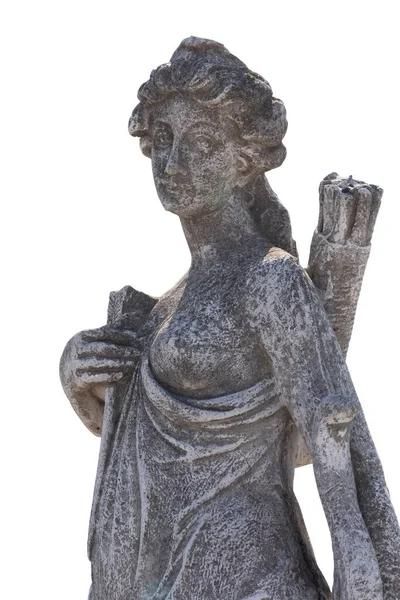 白い背景に射手の袋を持つ女性ハンターの石の彫刻 芸術と古典的な様式のロマンチックな石の彫刻 — ストック写真