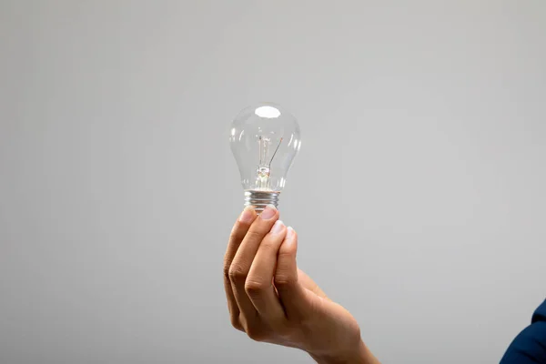 Close Person Holding Light Bulb Grey Background Business Professionalism Technology — Stock Photo, Image