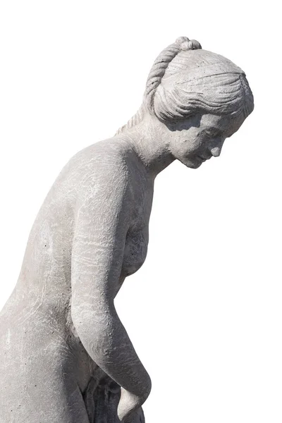 白い背景に裸の女性の石の彫刻の側面図 芸術と古典的な様式のロマンチックな石の彫刻 — ストック写真