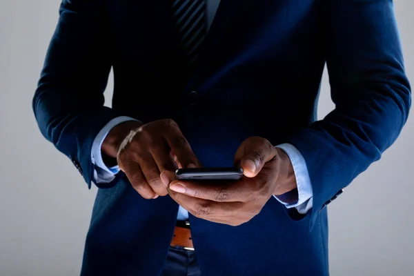 Mid Section African American Businessman Using Smartphone Grey Background Business — Stock Photo, Image