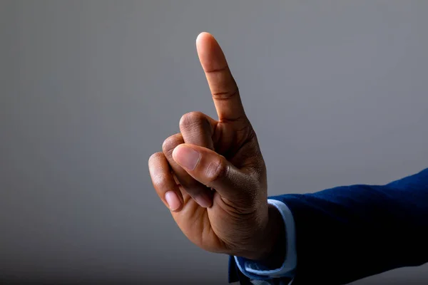 Close Hand Businessman Touching Invisible Screen Grey Background Business Professionalism — Stock Photo, Image