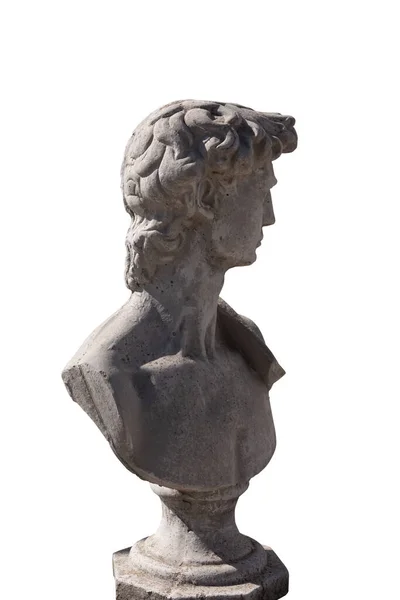 Vista Lateral Escultura Pedra Antiga Busto Homem Sobre Fundo Branco — Fotografia de Stock
