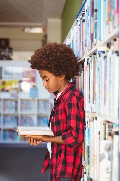 Happy African American Schoolboy Reading Book Standing School Library Childhood — Stock Photo, Image