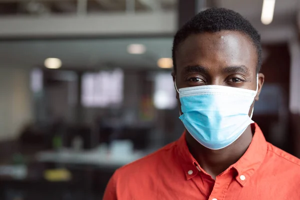 Portrait African American Businessman Wearing Face Mask Looking Camera Office — Stock Photo, Image