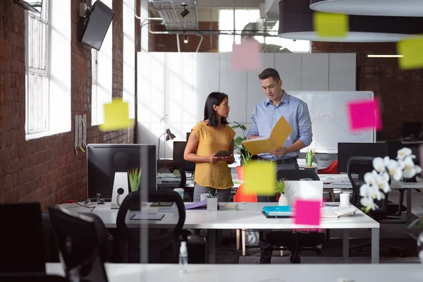 Caucasian Male Female Colleagues Discuss Tablet File View Glass Wall — Stock Photo, Image