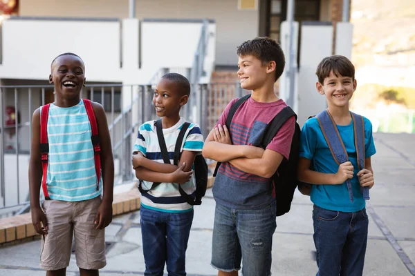 Group Diverse Male Students Backpacks Smiling While Standing School School — Stock Photo, Image