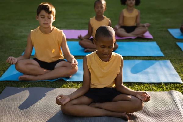 Grupo Diversos Estudiantes Practicando Yoga Meditando Sentados Colchonetas Yoga Jardín —  Fotos de Stock
