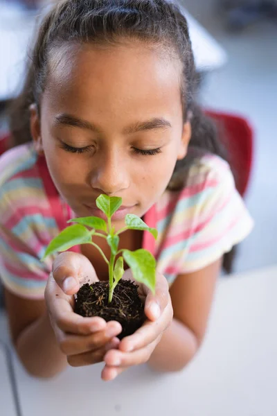 目を閉じてアフリカ系アメリカ人の少女の閉鎖学校でクラスで植物の苗を保持して閉じます 学校や教育の概念 — ストック写真