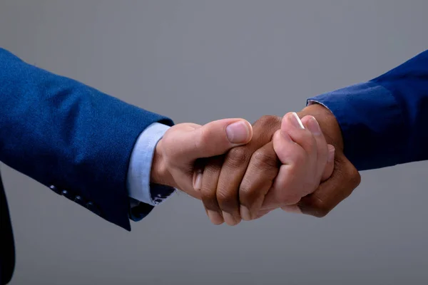 Caucasian African American Business People Shaking Hands Isolated Grey Background — Stock Photo, Image