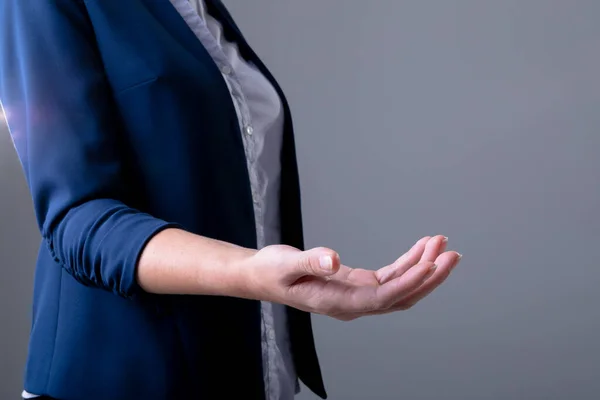 Midsection Caucasian Businesswoman Reaching Her Hand Isolated Grey Background Business — Stock Photo, Image