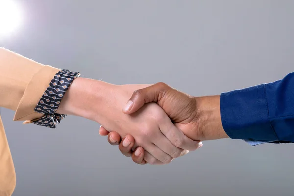 Midsection Caucasian African American Business People Shaking Hands Grey Background — Foto de Stock