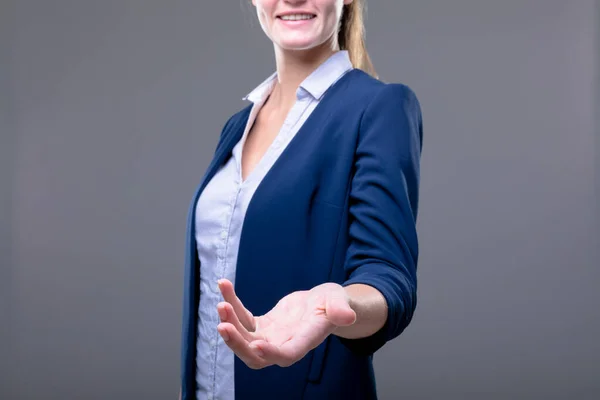 Smiling Caucasian Businesswoman Reaching Her Hand Isolated Grey Background Business — Stock Photo, Image