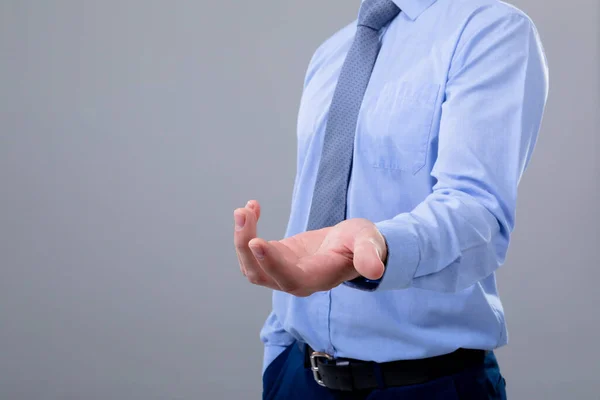 Midsection Caucasian Businessman Reaching His Hand Isolated Grey Background Business — Stock Photo, Image