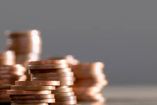 Close Piles Coins Table Isolated Grey Background Business Technology Communication — Fotografia de Stock