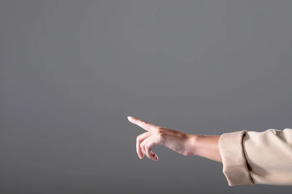 Midsection Caucasian Businesswoman Pointing Her Finger Isolated Grey Background Business — Stock Photo, Image