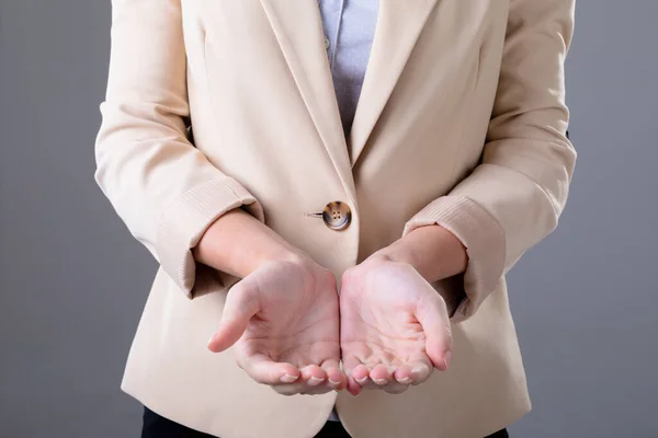 Midsection Caucasian Businesswoman Showing Her Hands Isolated Grey Background Business — Stock Photo, Image