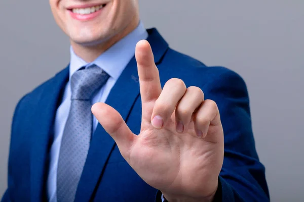 Midsection Caucasian Businessman Touching Virtual Interface Isolated Grey Background Business — Stock Photo, Image