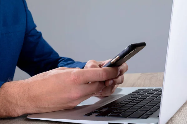 Midsection Caucasian Businessman Using Smartphone Laptop Isolated Grey Background Business — Stock Photo, Image