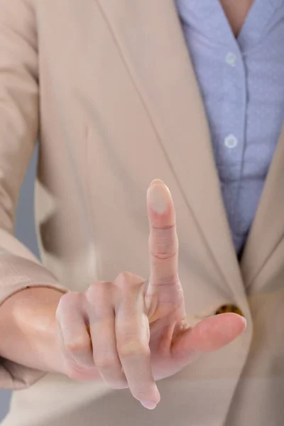 Midsection Caucasian Businesswoman Touching Virtual Interface Grey Background Business Technology — Stock Photo, Image