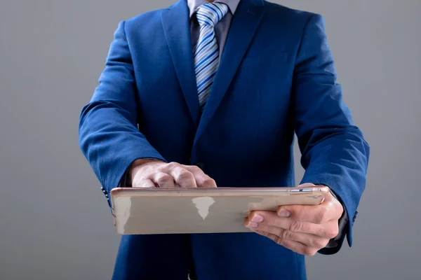 Midsection Caucasian Businessman Using Tablet Isolated Grey Background Business Technology — Stock Photo, Image