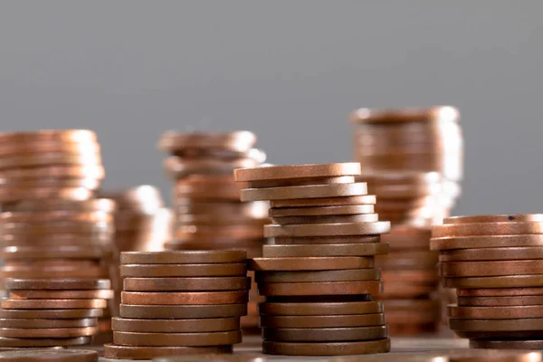 Close Piles Coins Table Isolated Grey Background Business Technology Communication — Fotografia de Stock