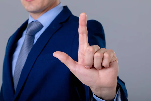 Midsection Caucasian Businessman Touching Virtual Interface Isolated Grey Background Business — Stock Photo, Image