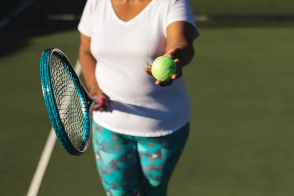 Midsection Senior African American Woman Holding Tennis Racket Ball Tennis — Zdjęcie stockowe
