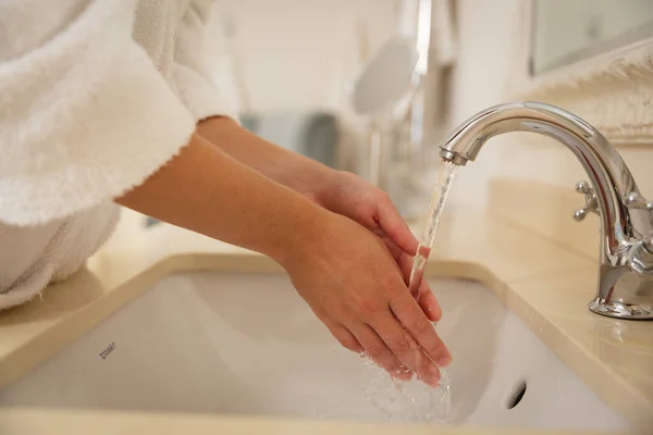 Midsection Caucasian Woman Bathroom Wearing Bathrobe Washing Hands Basin Health — Stock Photo, Image