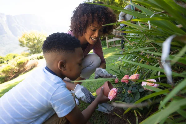 Feliz Madre Afroamericana Con Hijo Aire Libre Jardinería Día Soleado —  Fotos de Stock