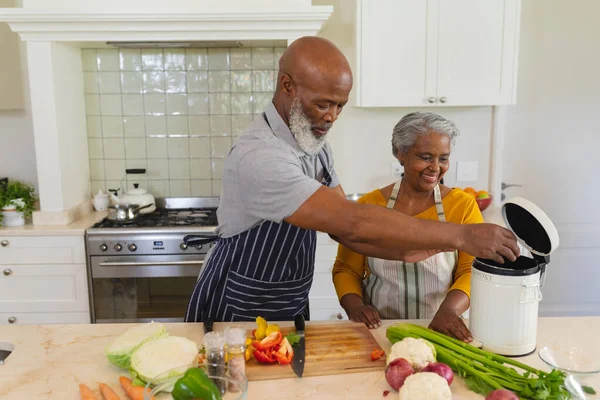 Senior African American Couple Cooking Together Kitchen Smiling Retreat Retirement — Stock Photo, Image