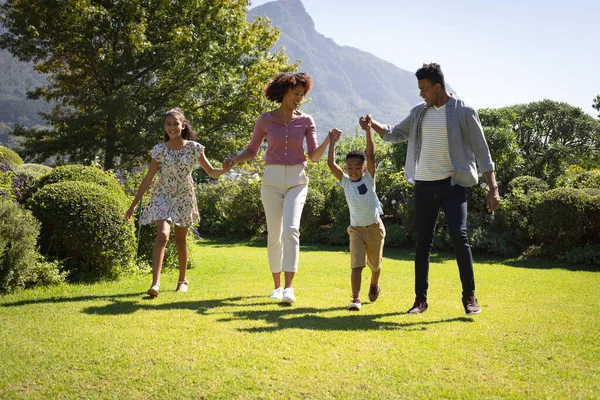 Happy African American Couple Son Daughter Outdoors Walking Sunny Garden — Stock Photo, Image