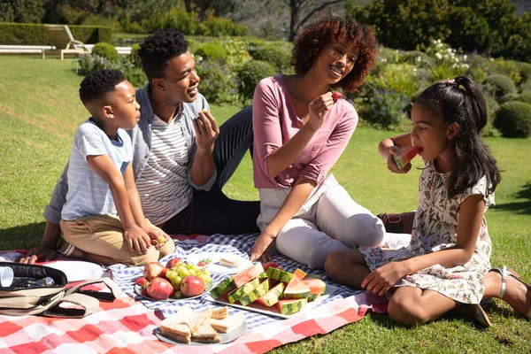 Gelukkig Afrikaans Amerikaans Echtpaar Met Zoon Dochter Buiten Picknicken Zonnige — Stockfoto