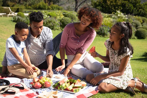 一对快乐的非洲裔美国夫妇 带着儿子和女儿在户外 在阳光灿烂的花园里野餐 与家人共享优质闲暇时间 — 图库照片